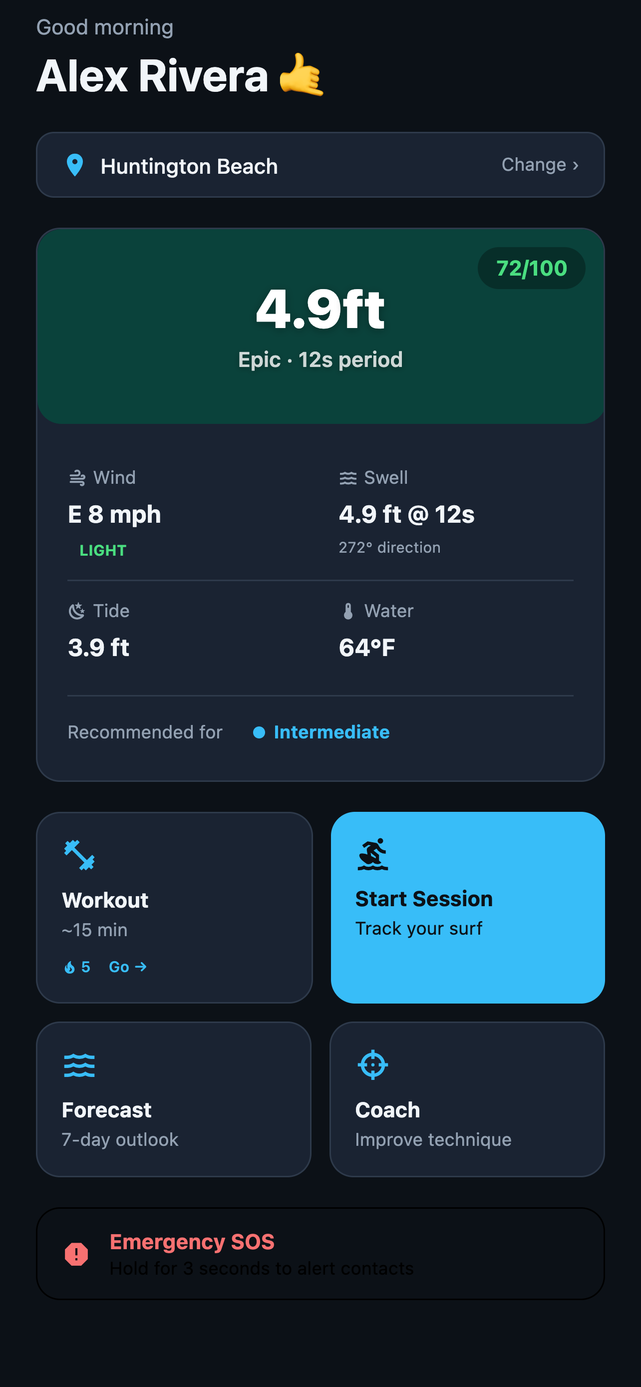 Surfast home screen showing today's surf conditions and quick session start
